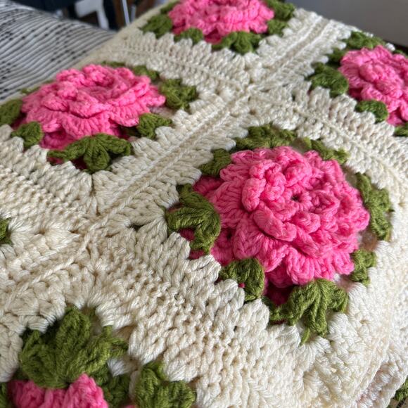 Handmade Other - Vintage Handmade Wool 3-d Rose Crochet Granny Square Blanket Afghan Large Twin